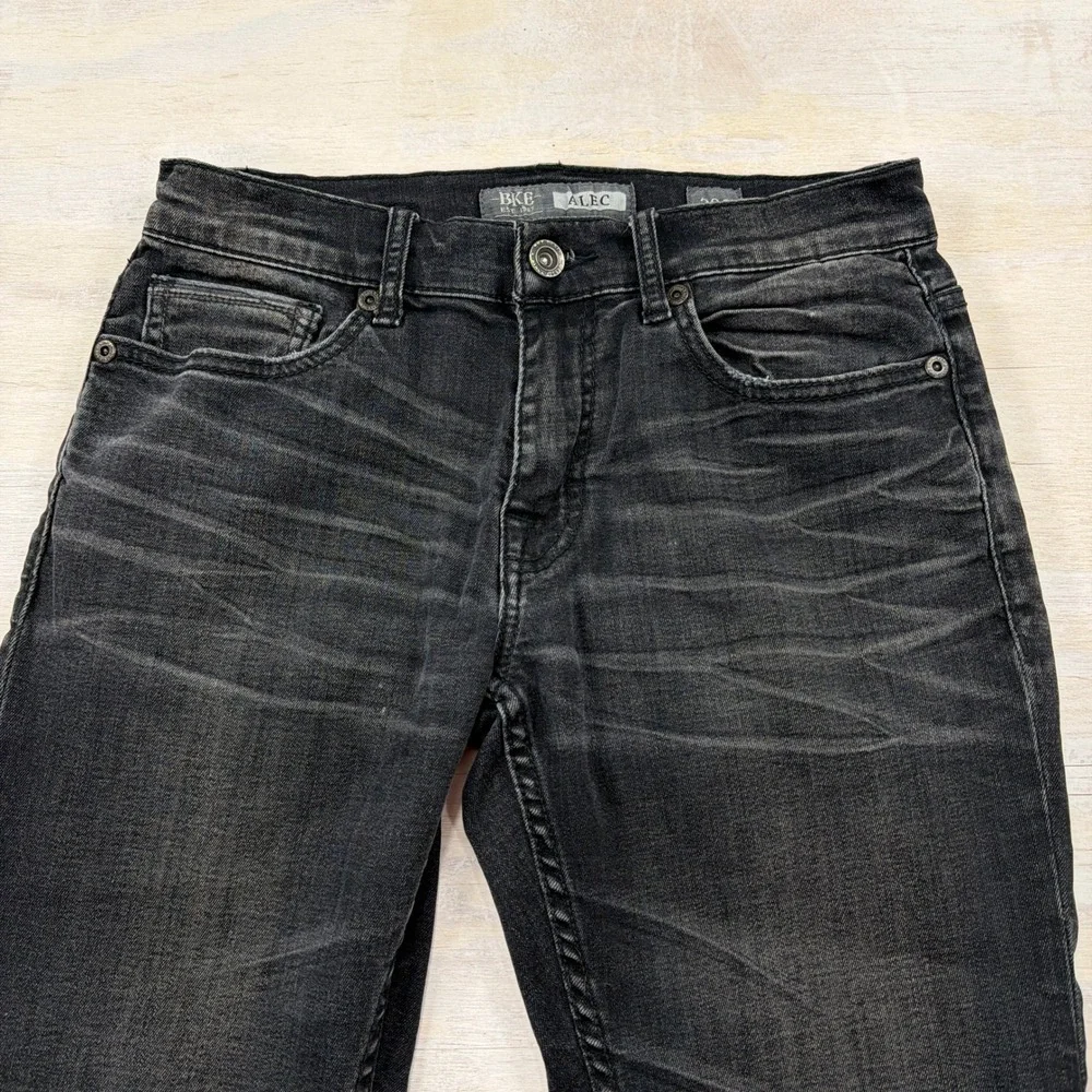 BKE Jeans Alec Straight Leg Dark Wash Whiskered Stretch Denim Black Mens 30S